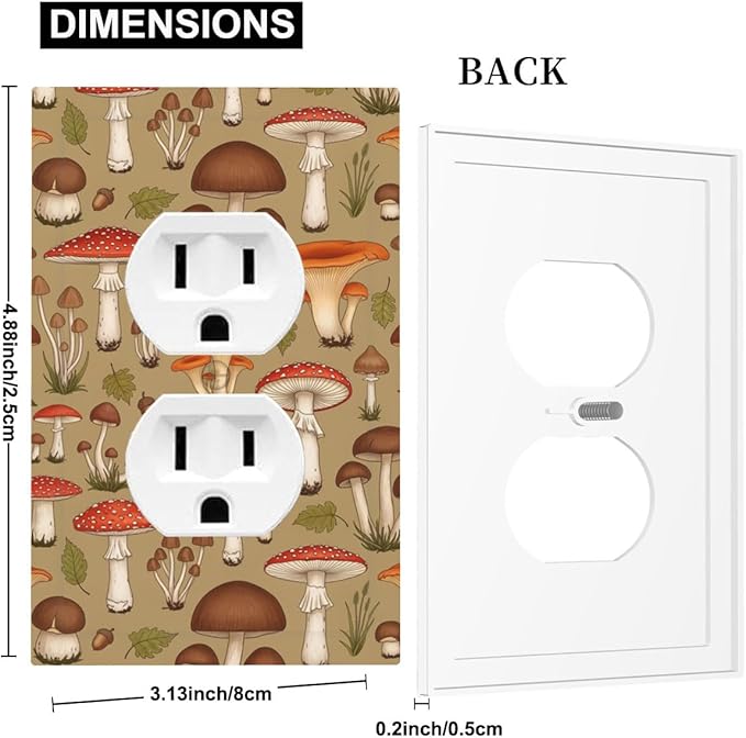 Whimsical Mycology Duplex Wall Plate - 1-Gang Standard US Size Vintage Mushroom Outlet Covers, Woodland Medley for Farmhouse Home Decor