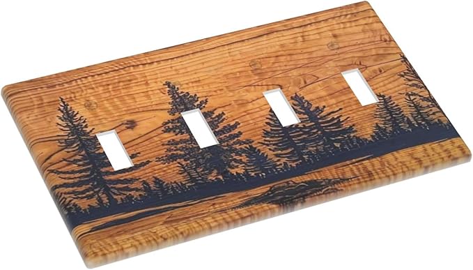 Decorative 4 Gang Quad Toggle Light Switch Cover Retro Forest Pine Tree Jungle Woodland Woods Brown Wood Lodge Wooden Style Electrical Four Device Decorator Wall Plate Standard Size Outlet Covers