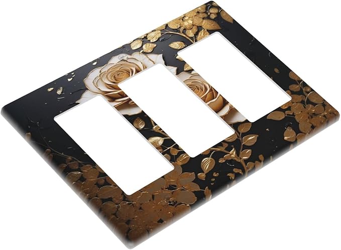 Decorative Outlet Covers Big Golden White Roses Glod Leaves Black Background 3 Gang Wall Plate Triple Rocker Switch Light Switch Plate Covers Jumbo Electrical GFCI Switch Cover Plate