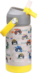 rockpapa 14 oz Kids Insulated Water Bottle，Stainless Steel Toddler Cups with Straws, BPA Free, Leak-Proof, Kids Water Bottle for School Boys& Girls (Grey Trucks)