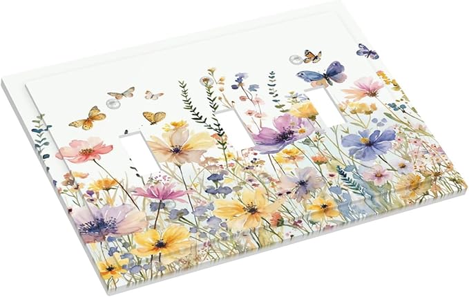 Wildflowers Colorful Flower Butterfly Floral Decorative Switch Plates 3 Gang Wall Plate Triple Toggle Light Switch Cover Faceplate Electrical Wall Panels for Farmhouse Bedroom Decor