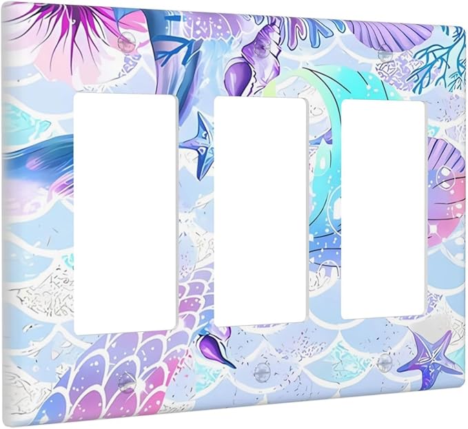 Mermaid Girl Light Switch Cover Plates Decorative 3 Gang Triple Rocker Wall Plate Electrical Switchpalte Faceplate for Kid Bedroom Home Bathroom Decor 6.4" x 4.5"
