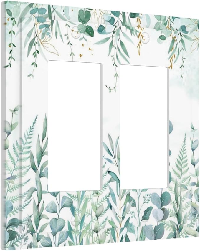 Boho Green Eucalyptus Leaf Floral Sage Flower Decorative Outlet Covers 2 Gang Double GFCI Rocker Electrical Wall Panels Light Switch Cover Plate for Bedroom Living Room Decor