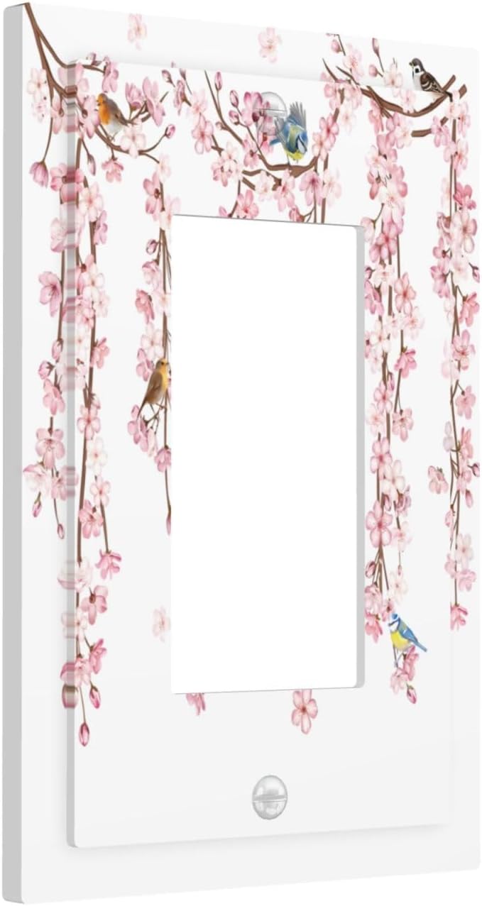 Pink Cherry Blossom Flower Vine Floral Tree Branch Birds Decorative Outlet Covers 1 Gang Single Rocker Light Switch Cover Plate Wall Plates GFCI Faceplate for Bedroom Living Room Decor