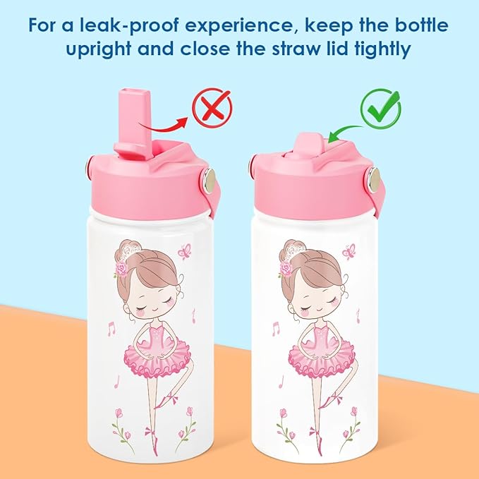 Kid Water Bottle 12oz with Straw Lid - 2-Pack Insulated Stainless Steel Water Bottles for Kids Girls - Travel Cup for Back to School Sports Christmas Birthday (Ballerina & Heart)