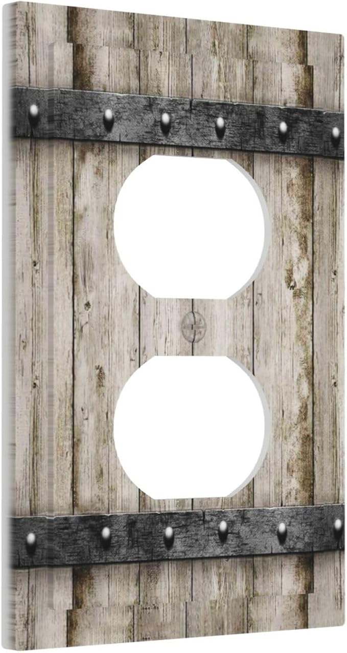 Retro Rustic Western Country Farm Wooden Plank Barn Cabin Wood Door 1 Gang Electrical Device Duplex Receptacle Light Switch Outlet Cover Wall Plate Electric Plug Socket Cover Decorative Switchplate