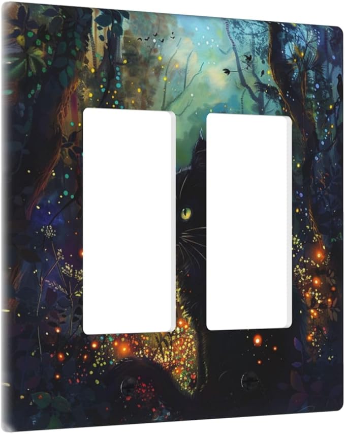 Light Switch Cover Plate Magic Fantasy Forest Mysterious Black Cat 2 Gang Double Rocker Outlet Covers Decorative Switch plates Electrical Wall Plates GFCI Receptacle for Kid Room Bathroom
