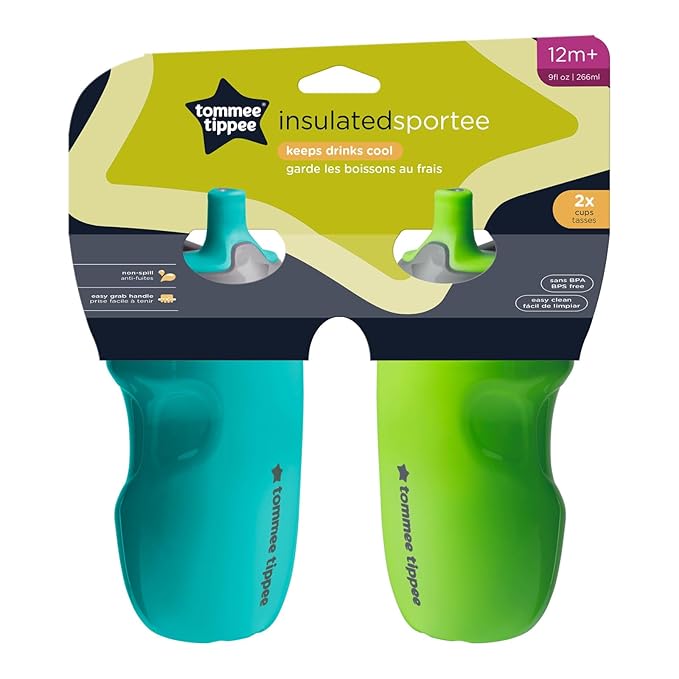 Tommee Tippee Insulated 9oz Sporty Spout Toddler Water Bottle,No Spill,Sippy Cups for Toddlers 1-3,Two-Piece Valve Helps Stop Spills,Green & Teal,BPA Free,2 Count (Pack of 6)