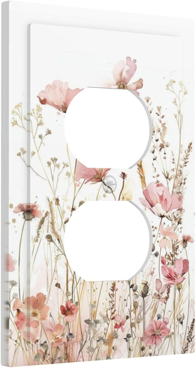 Boho Floral Watercolor Pink Wildflower Butterfly Outlet Covers 1 Gang Duplex Light Switch Cover Decorative Switch Plates Electrical Receptacle Faceplate Wall Plate for Bedroom Living Room Decor