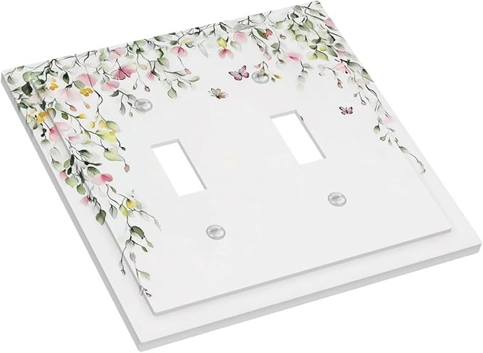 Watercolor Flowers Vine Colorful Butterfly Floral Decorative Switch Plates 2 Gang Double Toggle Outlet Light Switch Cover Wall Plate Electrical Faceplate For Bed Room Living Room Decor