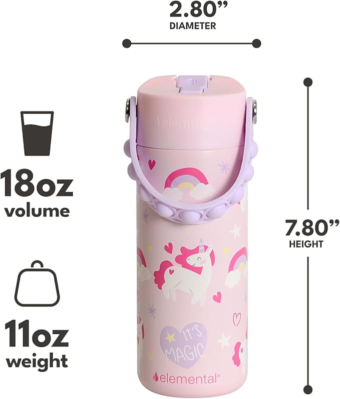 Elemental 100% Leak Proof When Spout is Closed Insulated Kids Water Bottle, Stainless Steel Bottle for School with Straw Lid & Pop-It Handle, Unicorn Magic & Meowmaid - 18oz (2 Pack)