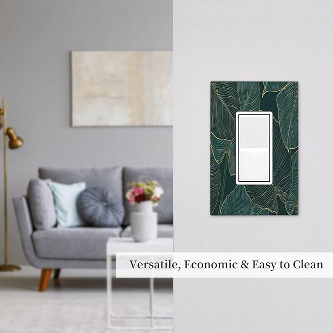 Gold Tropical Green Botanical Palm Leaves Decorative Outlet Covers 1 Gang Single Rocker Light Switch Cover Plate Wall Plates GFCI Faceplate for Bedroom Living Room Decor