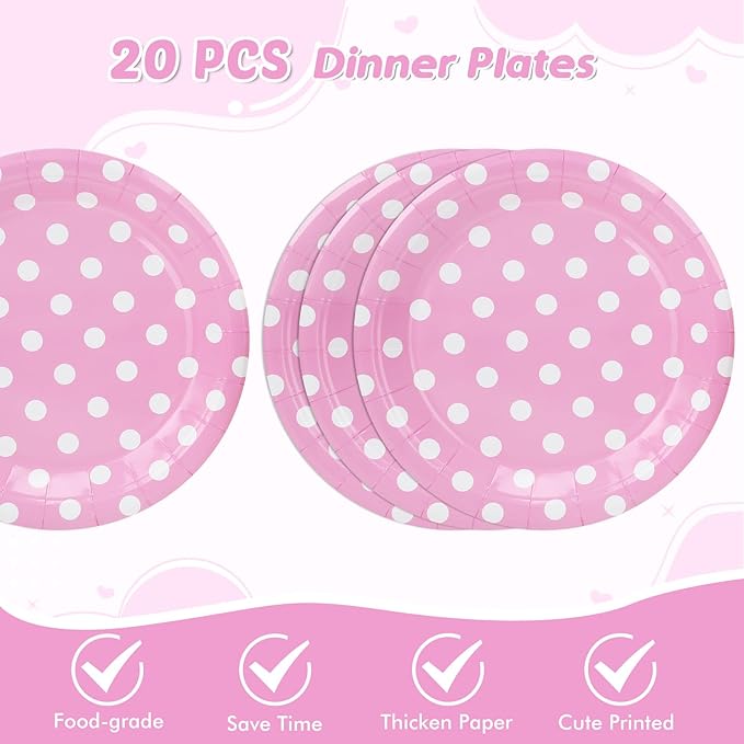 62Pcs Birthday Party Decorations with Dots Design, Pink Polka Dot Party Supplies Includes 20 9'' Plates, 20 7'' Plates, 20 Napkins and 2 Tablecloth for Birthday Minnie Mouse Theme Party Decorations