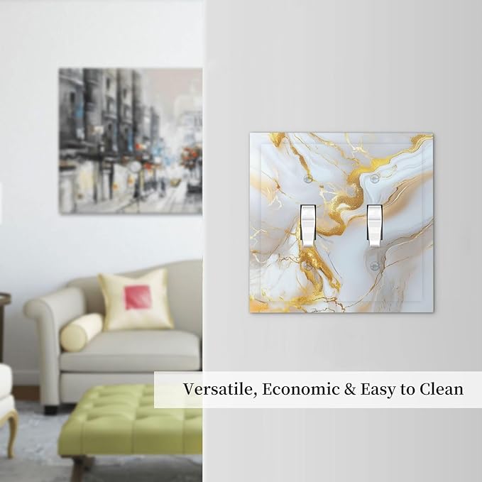 Decorative Switch Plate Cover Abstract Gold Marble Design with White & Gold 2 Gang Wall Plate Unique Double Toggle Double Light Switch Covers for Modern Luxurious Decor