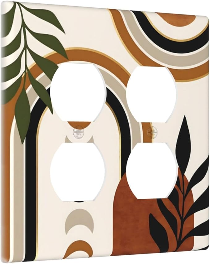 Boho Mid Century Arch Plant Leaves Sun Moon Outlet Covers 2 Gang Double Duplex Decorative Light Switch Covers Electrical Wallplates Socket Faceplate for Bedroom Living Room Decor