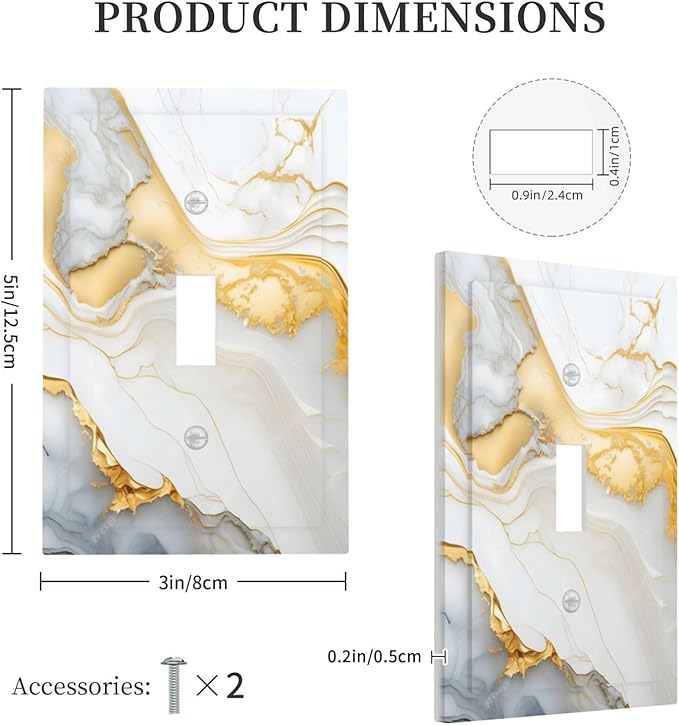 Exquisite White Gold Marble Abstract Luxurious Print Decorative Light Switch Cover 1 Gang Single Toggle Device Electrical Faceplate Switchplates Decorator Outlet Wall Plate for Bathroom Kitchen Decor
