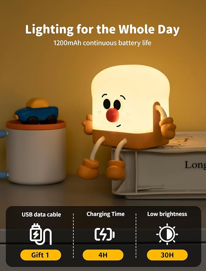 Toast Night Light for Kids, Rechargeable Bedside Table Lamp, Portable Night Lamps, Cute Nursery Night Lights for Bedroom, Office, Desk Lamp Funny Gifts for Baby, Teens, Adults