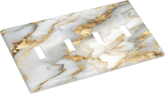 Luxurious White Gold Marble Patterns Abstract Light Switch Covers Quad Toggle Electrical Faceplate 4 Gang Wall Plate Decorative Switch Plates Cover for Bathroom Kitchen Decor
