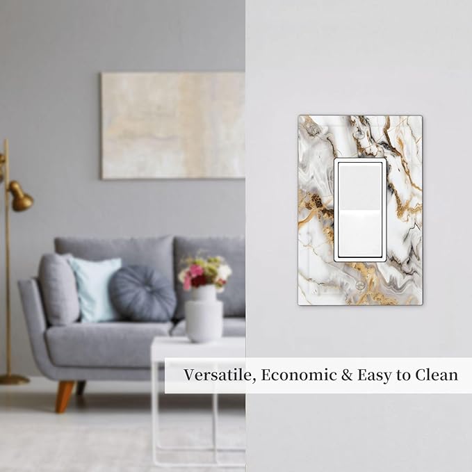 Luxurious Marble Abstract White Gold Tile Modern Simplicity Decorative Outlet Covers 1 Gang Single Rocker Light Switch Cover Plate Wall Plates GFCI Faceplate for Bathroom Kitchen Decor