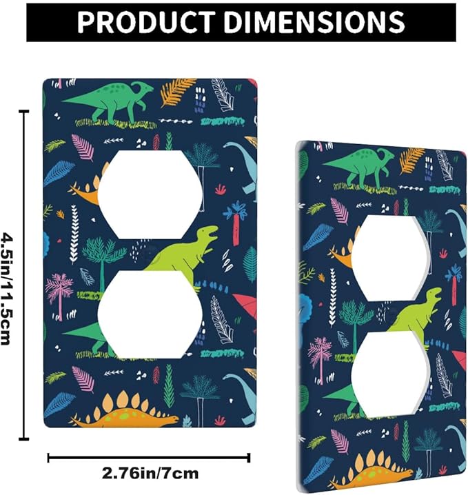 Dinosaur Wall Plate Colorful Dinosaurs Navy Blue Outlet Covers 1-Gang Standard Size Duplex Receptacle Plug Cover 4.5" x 2.76" for Little Men Cave Boys Room Decor