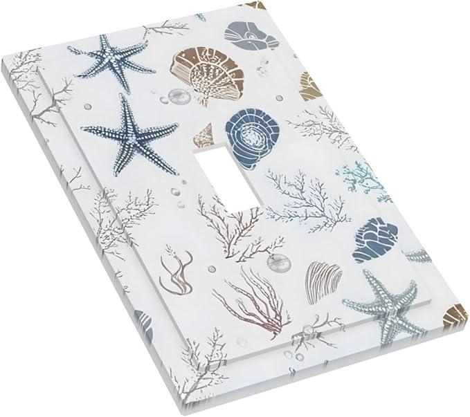 Ocean Starfish Seashells Nautical Coastal Sea Coral Decorative Light Switch Cover 1 Gang Single Toggle Device Electrical Faceplate Switchplates Decorator Outlet Wall Plate for Kids Room Nursery Decor