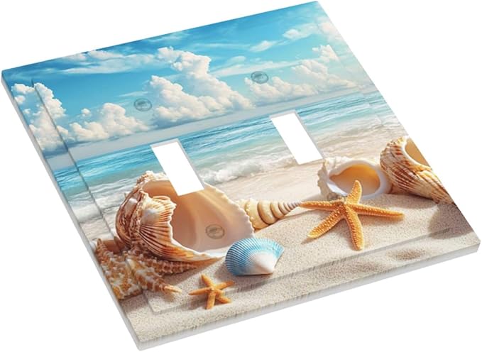 Beach Coastal Seashore Sea Starfish Shell Sand Decorative Switch Plates 2 Gang Double Toggle Outlet Light Switch Cover Wall Plate Electrical Faceplate for Bathroom Home Decor