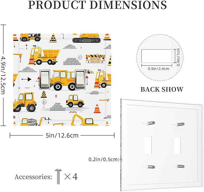 Construction Vehicles & Trucks Pattern Double Toggle Switch Cover - 2-Gang Standard US Size Little Builder's Dream Light Switch Covers for Boy's Bedroom Decor