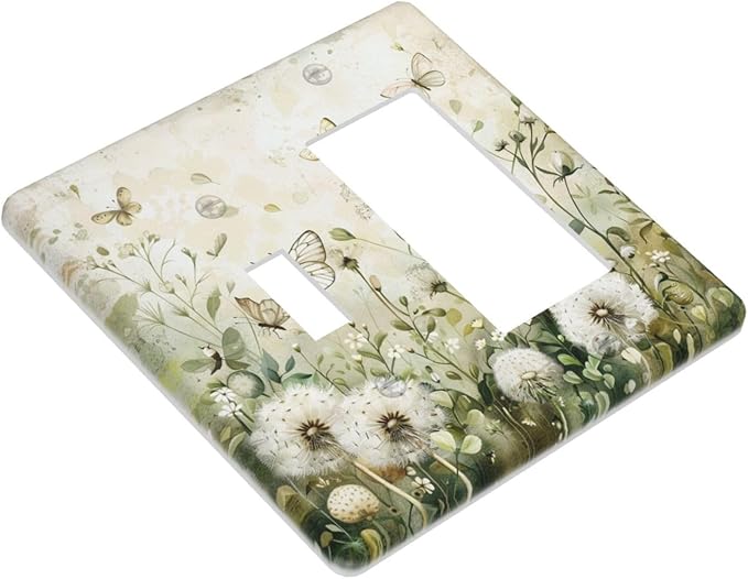 Light Switch Cover Plate Watercolor Butterflies Dandelions Wildflowers 2 Gang Combo Wall Plates Toggle Rocker Decorative Switch Plates and Outlet Covers for Bathroom Bedroom Decor