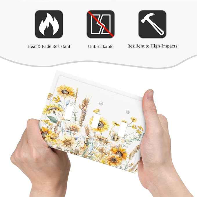 Yellow Floral Sunflowers Wheat Ears Watercolor Wild Flowers Decorative Switch Plates 3 Gang Wall Plate Triple Toggle Light Switch Cover Faceplate Electrical Wall Panels for Bedroom Living Room Decor