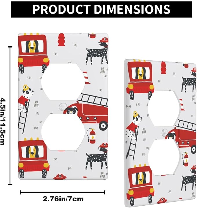 Cute Cartoon Fireman Outlet Cover, Firefighter Fire Truck 1-Gang Duplex Receptacle Wall Plate for Boys Bedroom Playroom Bathroom Decor