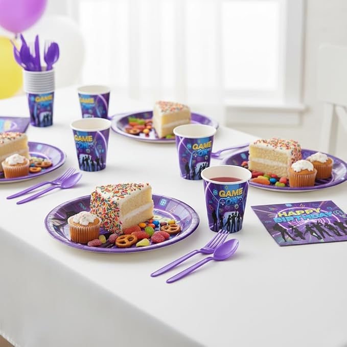 Video Game Party Supplies for Kids Child Themed Birthday Party,Game Theme Birthday Decorations Disposable Tableware Set With Plates, Cups, Napkins & Cutlery for 24 Guests
