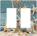 Nautical Beach Starfish Teal Wood 2 Gang Double Rocker/Decora Light Switch Cover Decorative Outlet Wall Plate Electrical Faceplate Home Family Art Decor Screwless