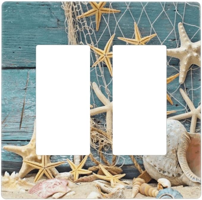 Nautical Beach Starfish Teal Wood 2 Gang Double Rocker/Decora Light Switch Cover Decorative Outlet Wall Plate Electrical Faceplate Home Family Art Decor Screwless