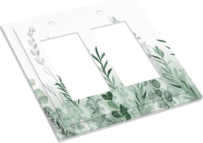 Watercolor Green Leaf Rustic Plant Eucalyptus Flowers Decorative Outlet Covers 2 Gang Double GFCI Rocker Electrical Wall Panels Light Switch Cover Plate for Bed Room Living Room Decor