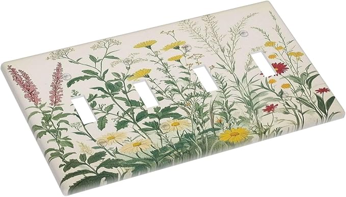 Rustic Wildflower Green Plants Daisy Floral Light Switch Covers Quad Toggle Electrical Faceplate 4 Gang Wall Plate Decorative Switch Plates For Farmhouse Bed Room Decor