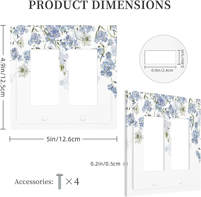 Hydrangea Blue Flowers Watercolor Floral Decorative Outlet Covers 2 Gang Double GFCI Rocker Electrical Wall Panels Light Switch Cover Plate for Bed Room Living Room Decor