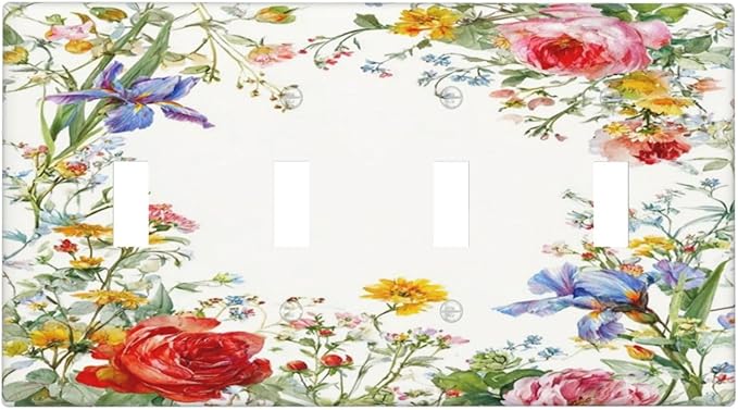 Decorative Light Switch Cover Plate Rustic Red Flower Garden Floral 4 Gang Wall Plates for Electrical Outlets Quad Toggle Switch Plate Covers Outlet Covers Faceplate for Country Home Decor