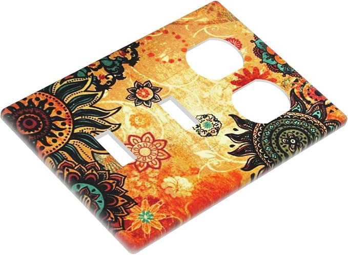Red Orange Boho Bohemian Flower Floral 3-Gang 2-Toggle 1-Duplex Receptacle Combination Light Switch Decorative Triple Combo Device Switches/Rocker Outlet Covers and Wall Plate