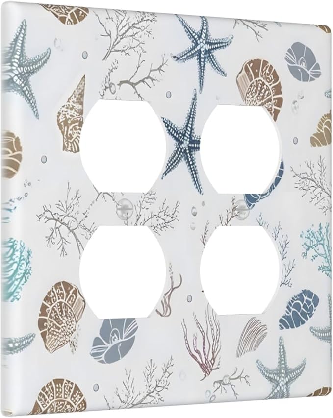 Ocean Starfish Seashells Nautical Coastal Sea Coral Outlet Covers 2 Gang Double Duplex Decorative Light Switch Covers Electrical Wallplates Socket Faceplate for Kids Room Nursery Decor