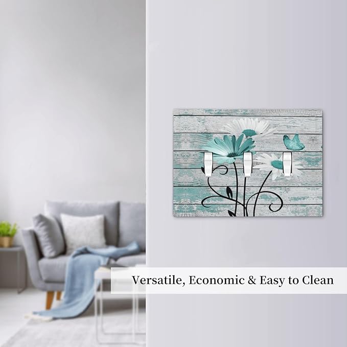 Teal White Daisy Flower Butterfly On Rustic Wood Board Decorative Switch Plates 3 Gang Wall Plate Triple Toggle Light Switch Cover Faceplate Electrical Wall Panels for Farmhouse Bedroom Decor