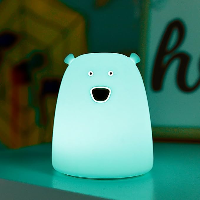 Portable Silicone LED Cartoon Night Light for Kids USB Rechargeable, Warm/White Light, 7-Color Changeable Light, Cute Children Night Lamp for Baby, Bedroom and Nursery (Bear)