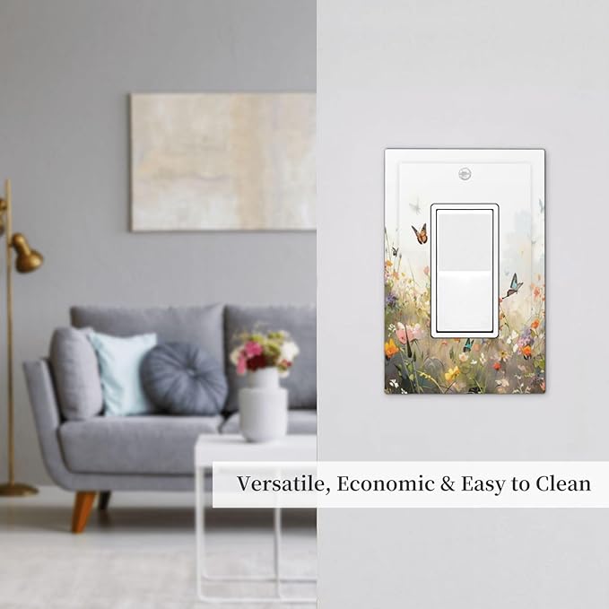 Wildflowers Watercolor Floral Colorful Butterfly Decorative Outlet Covers 1 Gang Single Rocker Light Switch Cover Plate Wall Plates GFCI Faceplate for Farmhouse Bed Room Decor