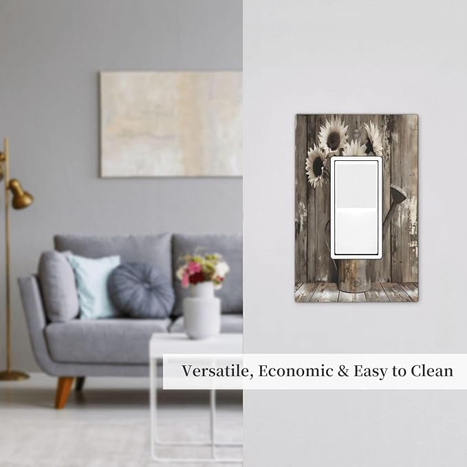 Rustic Floral Country Sunflower Daisy Old Wooden Boards Decorative Outlet Covers 1 Gang Single Rocker Light Switch Cover Plate Wall Plates GFCI Faceplate for Farmhouse Home Decor