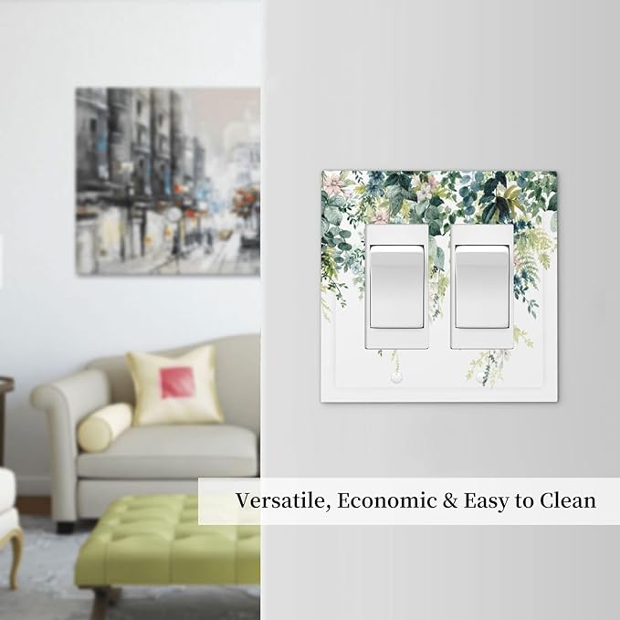 Colorful Plant Flower Sage Eucalyptus Leaves Decorative Outlet Covers 2 Gang Double GFCI Rocker Electrical Wall Panels Light Switch Cover Plate for Bedroom Living Room Decor