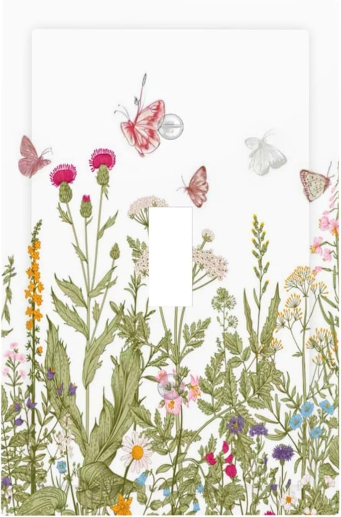 Colorful Butterfly Floral Plants Flower Vine Decorative Light Switch Cover 1 Gang Single Toggle Device Electrical Faceplate Switchplates Decorator Outlet Wall Plate for Bed Room Living Room Decor