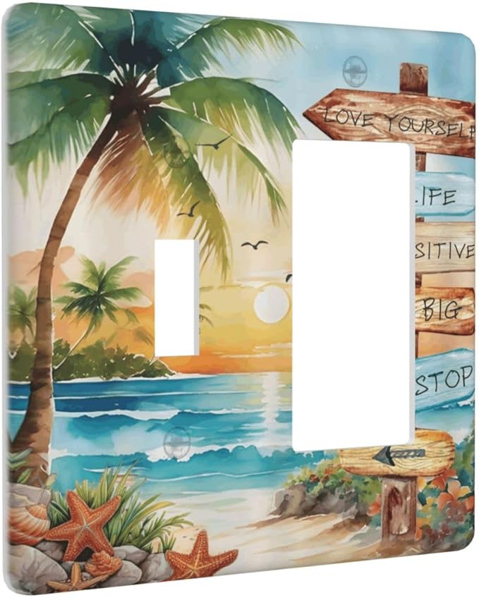 Tropical Beach Palm Tree Summer Coastal Ocean Sunset Outlet Covers 1 Toggle 1 Rocker Combination Decorative Wall Plate Electrical Switch Plates Light Switch Cover Plate for Bedroom Living Room Decor