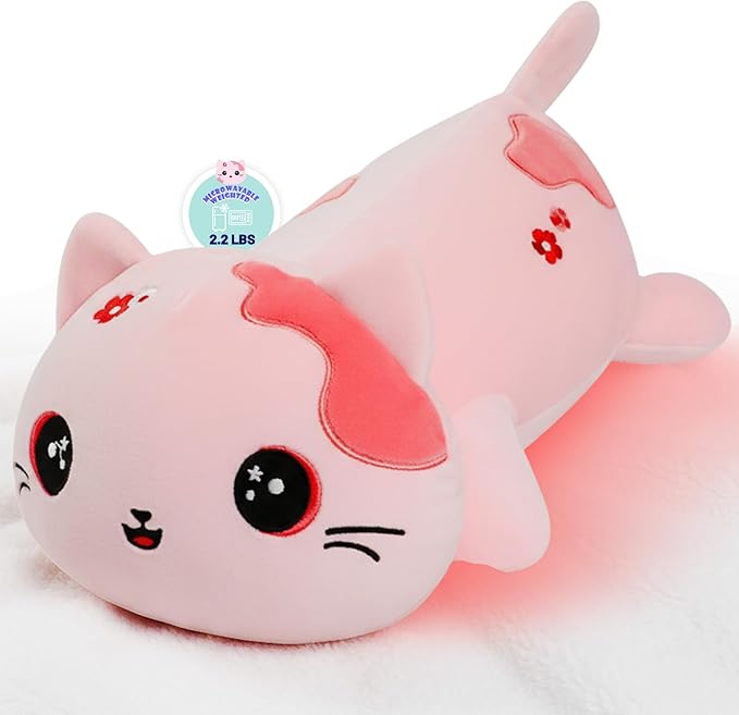 Microwave Weighted Cat Stuffed Animal - 2.2 Pounds Big Pink Cat Plush Machine Washable Unscented Cute Heating Pad Animal Pillow Warm Plushies Toy for Adults Kids Pink Flower Embroidery 15 Inch