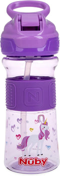 Nuby Thirsty Kids Push Button Flip-it Soft Spout on The Go Water Bottle with Easy Grip Band, 12oz, Unicorn