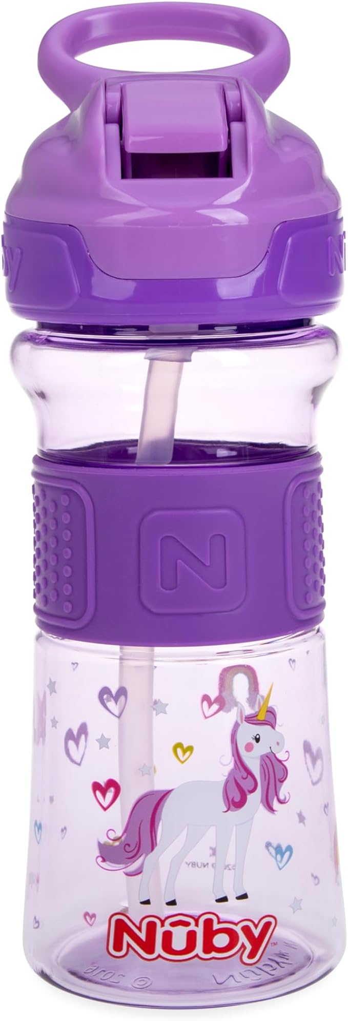 Nuby Thirsty Kids Push Button Flip-it Soft Spout on The Go Water Bottle with Easy Grip Band, 12oz, Unicorn