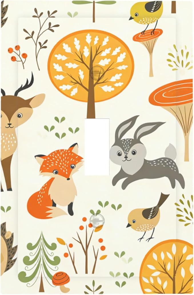 Cute Woodland Animals 1-Gang Toggle Light Switch Plate, Forest Trees Mushrooms and Berries Decorative Wall Plate for Boys & Girls Bedroom